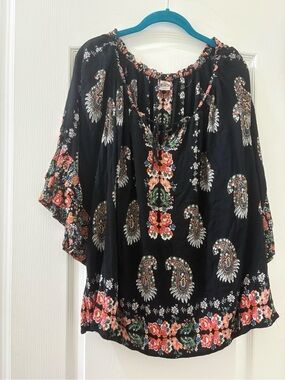 Bila Black Peasant Tunic with Coral & Green Floral Paisley